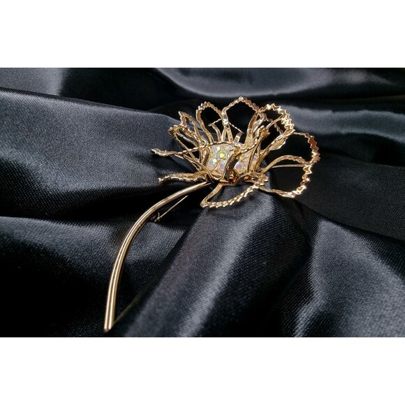 Vintage Sarah Coventry 3D Gold-Tone Flower Brooch With Rhinestone Center Elegant - Picture 4 of 4